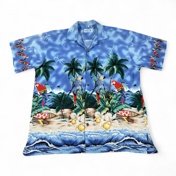 Vintage Hawaiian Shirt Adult LARGE Blue Go Hawaii Aloha Parrot Beach Surf 80s - Picture 1 of 9